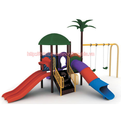 Cầu trượt xích đu mái vuông cây xanh