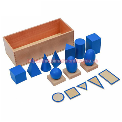 Giáo cụ Montessori khối hình học màu xanh kèm đế