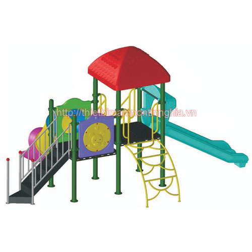 Nhà chơi cầu trượt kép ống thang leo mái vuông