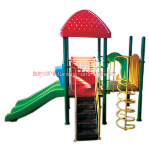 Nhà chơi cầu trượt kép thang leo xoắn mái vuông