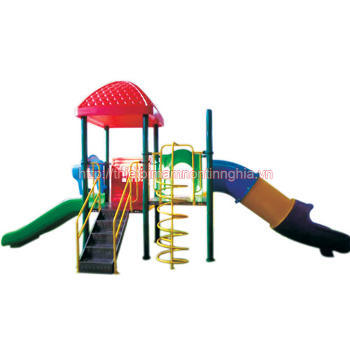 Nhà chơi cầu trượt thẳng ống thang leo xoắn mái vuông