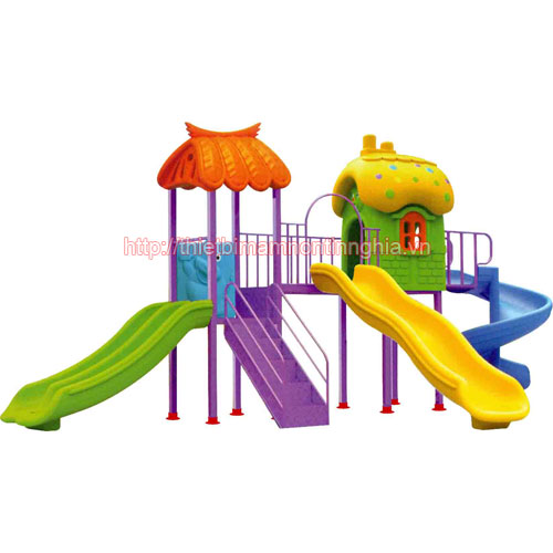 Nhà chơi cầu trượt xoắn kép sóng 2 mái nấm