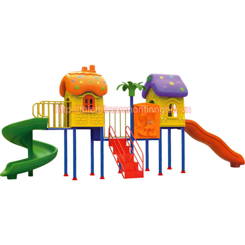 Nhà chơi cầu trượt xoắn sóng 2 mái nấm